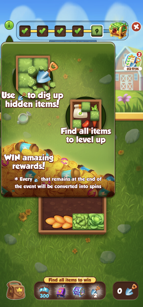 Instructions screen for the Hidden Garden event, showing how to use a shovel to clear tiles and find items to win rewards..png