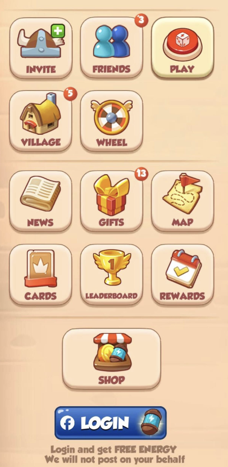 Main menu interface displaying buttons for Invite, Friends, Play, Village, Wheel, News, Gifts, Map, Cards, Leaderboard, Rewards, Shop, and Facebook Login.png
