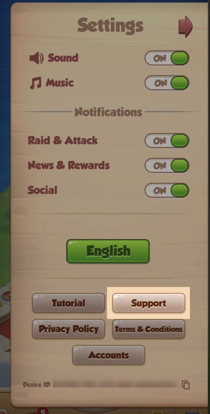 Settings menu with Support button highlighted, near Tutorial and Accounts options