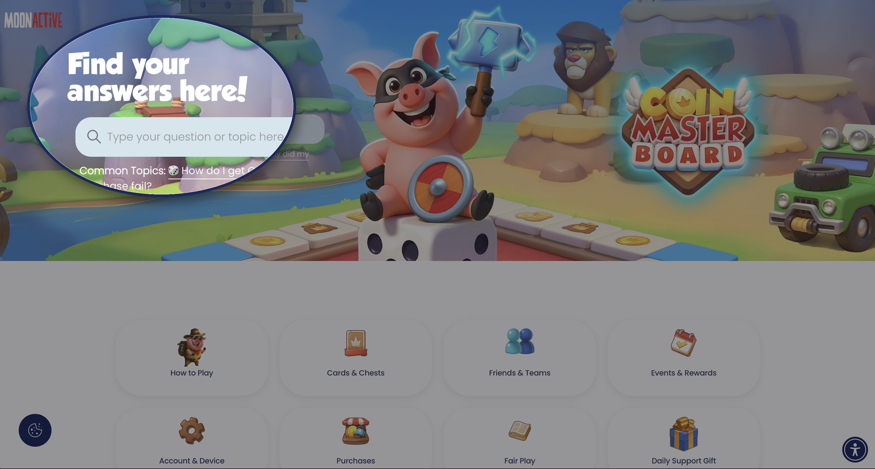 Help Center home page with search bar highlighted and category tiles like How to Play, Purchases, and Fair Play